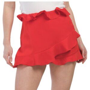 Red Hot Pants Asymmetric Ruffle Tiered Mini Skort - Adorable Silky Mini Shorts